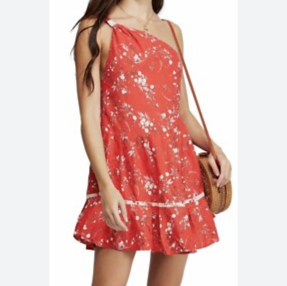 Free People All Mine One-shoulder Orange Floral Linen-blend Mini Dress Size XS